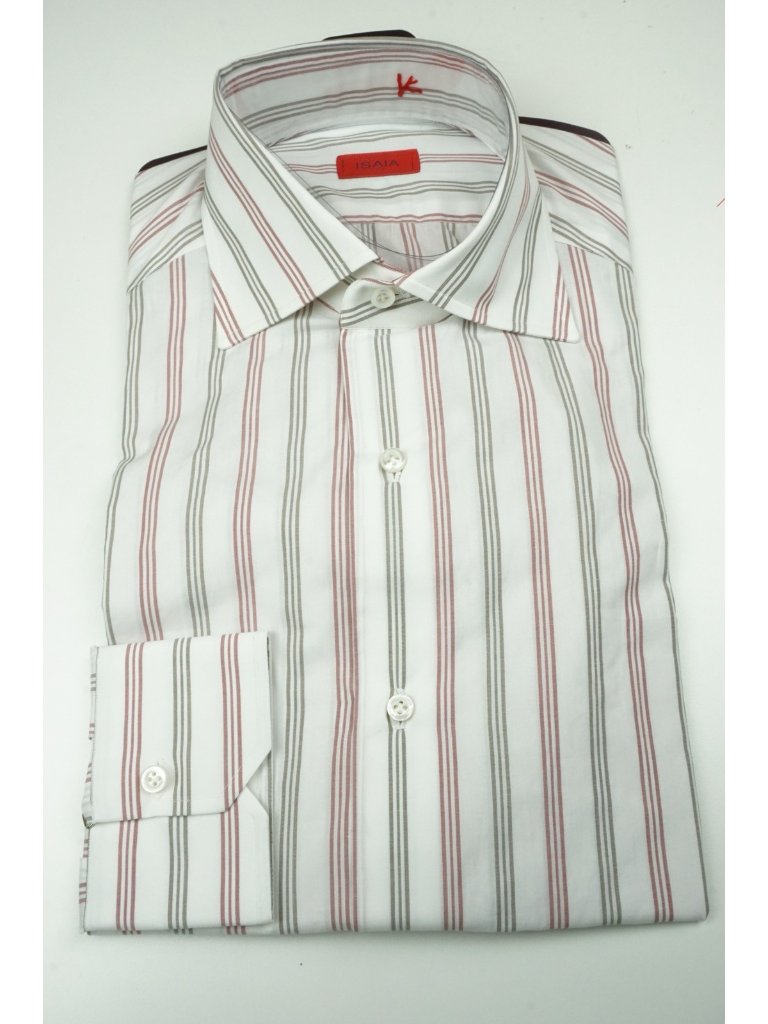 Isaia White Brown Cherry Striped Long Sleeve Cotton Dress Shirt 15.5/39 New